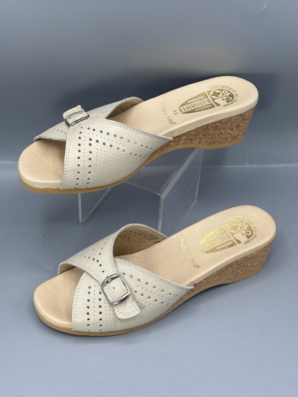 Worishofer Slide Sandals Womens 11.5 Tan Cork Wedge Heel Crossover Strap Slip On